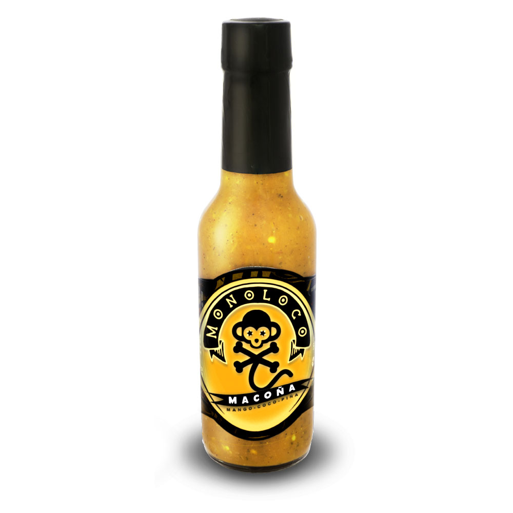 MACOÑA tropical hot sauce made with mango, coconut and pineapple by Chile Monoloco